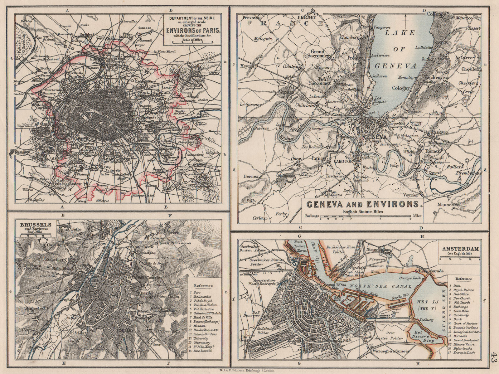 EUROPEAN CITIES. Environs of Paris Brussels Amsterdam Geneva.JOHNSTON 1900 map